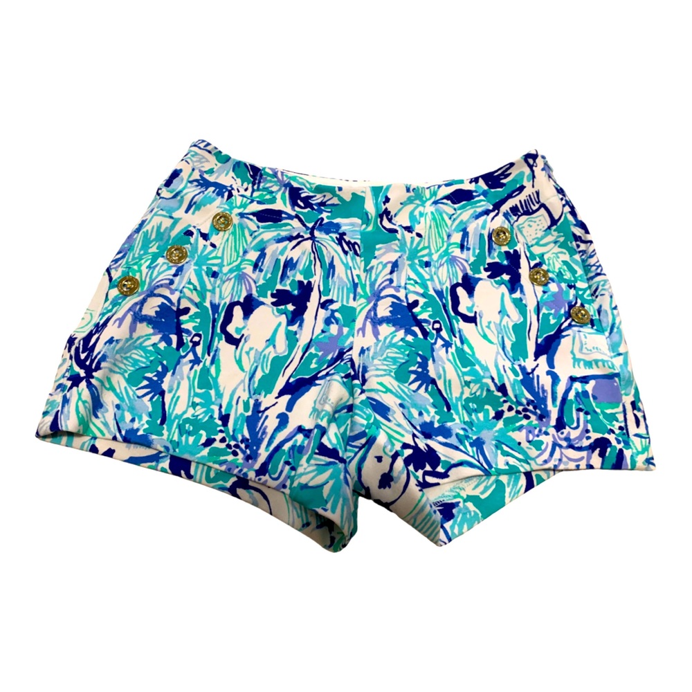Lilly Pulitzer Turquoise Blue Purple Palm Print Cotton Shorts
